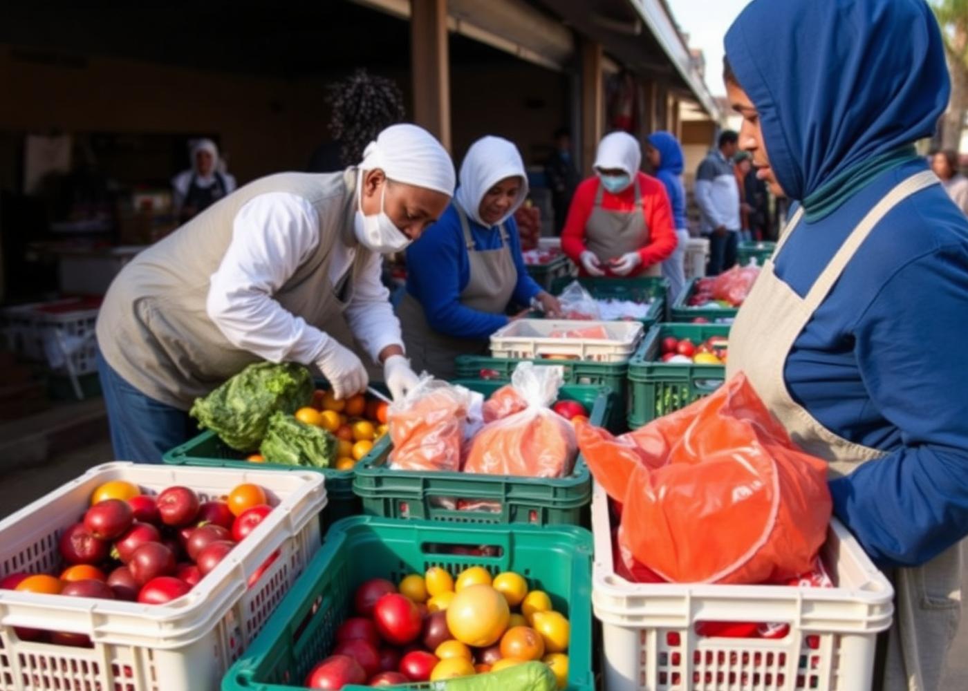 Des bénévoles préparent des colis de fruits et légumes pour une distribution alimentaire