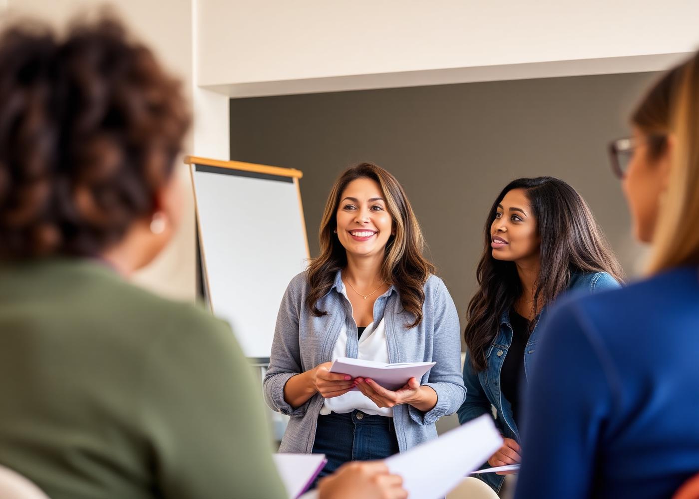 Une femme présente son projet professionnel devant un petit groupe en formation