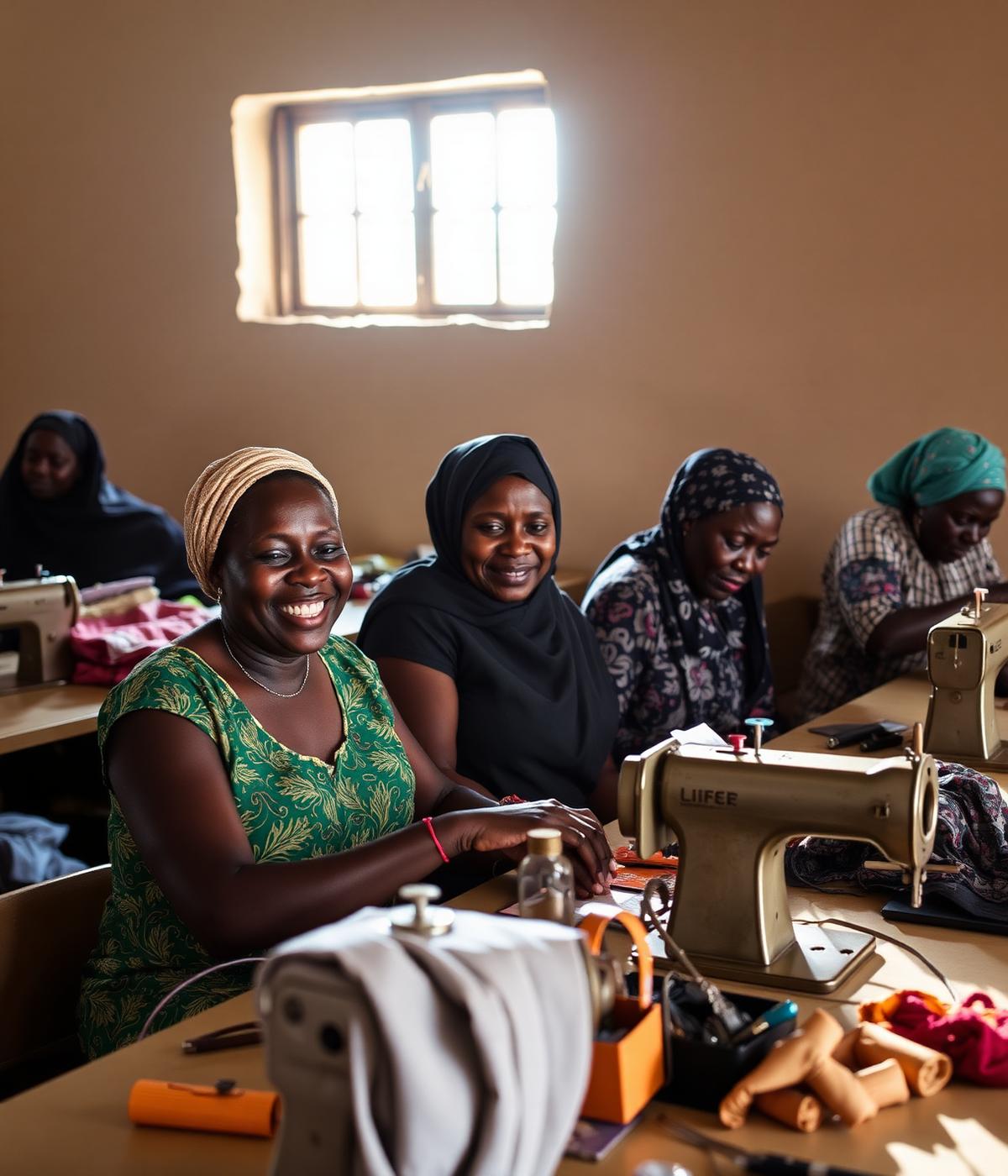 Femmes réunies dans un atelier de couture, souriantes et concentrées